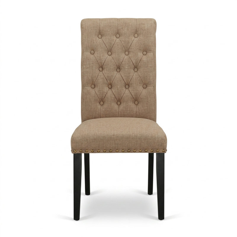 Ensemble de salle à manger rectangulaire en bois et tissu lin noir clair, avec chaises Parsons à dossier capitonné et motif papillon.
