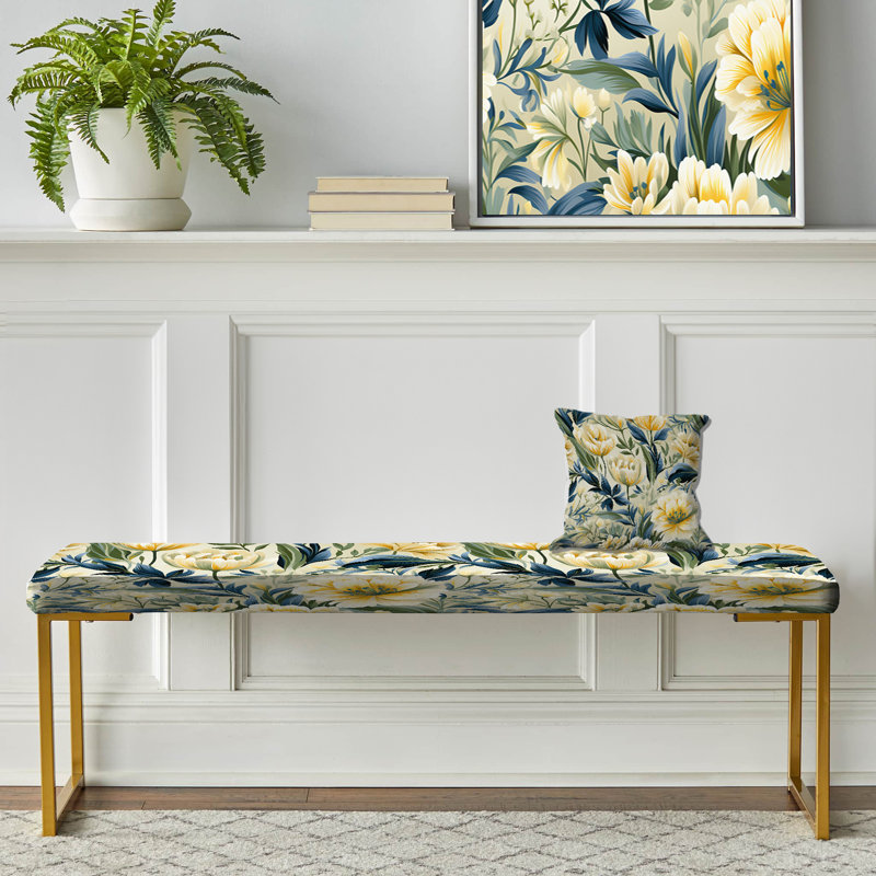 Floral Upholstered Gold Bench, Yellow And Green Botanical Ikat Haven