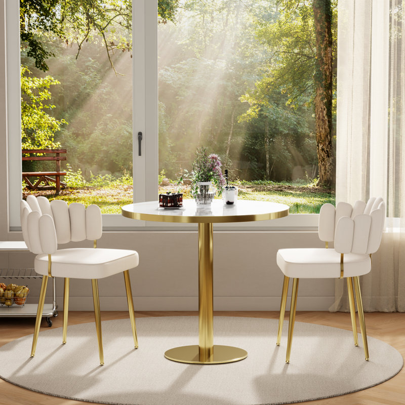Elegant Tufted Velvet Curved Weaved Back with Metal Legs Side Dining Chair Set, 2, Beige