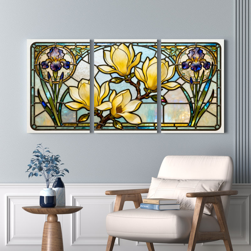 Ensemble de 3 tableaux muraux sur toile tendue, représentant des magnolias et des iris, en vitrail., H 36 po x l 72 po