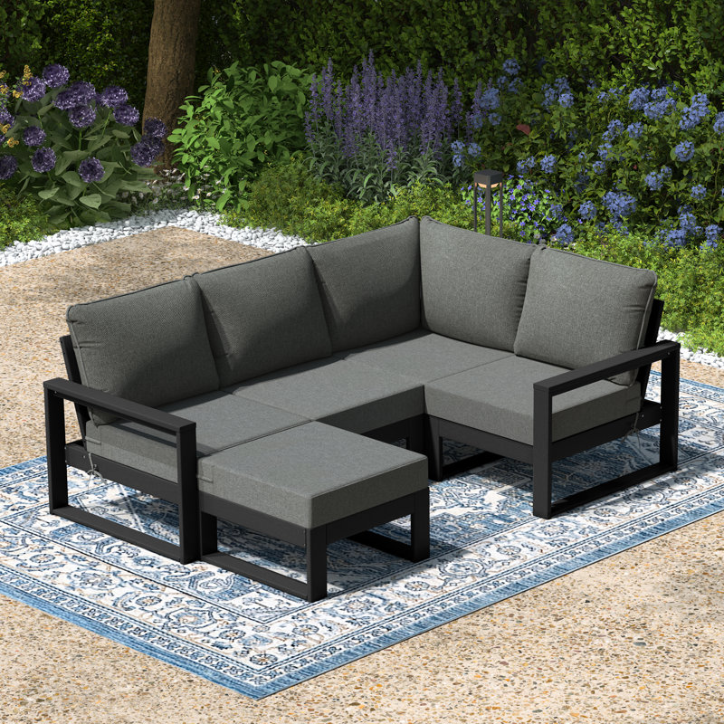 Ensemble de conversation de terrasse avec repose-pieds et cadre 5 pièces, Gris, Noir, noir, noir, noir