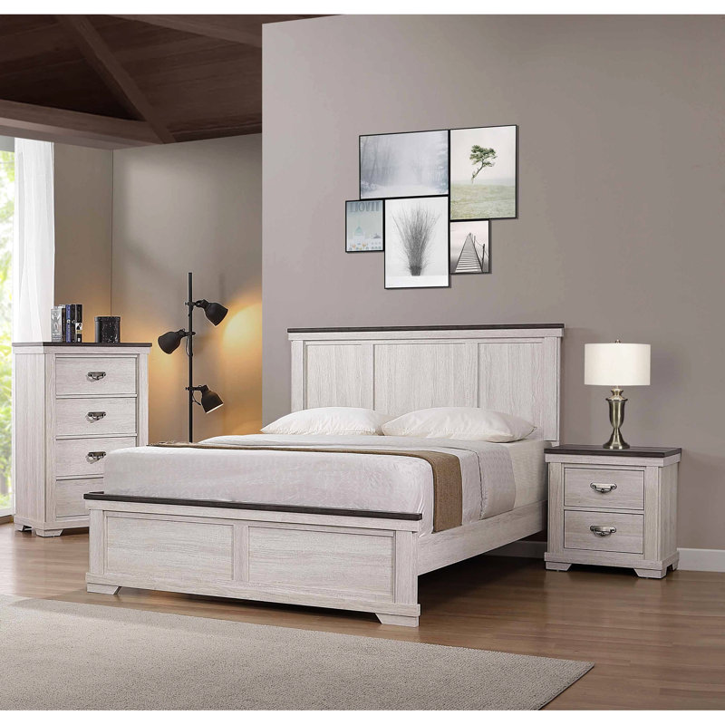 Commode de chambre contemporaine, quatre tiroirs, gris beige + commode à finition blanche pour chambre à coucher, plateau gris et finition blanche, rustique