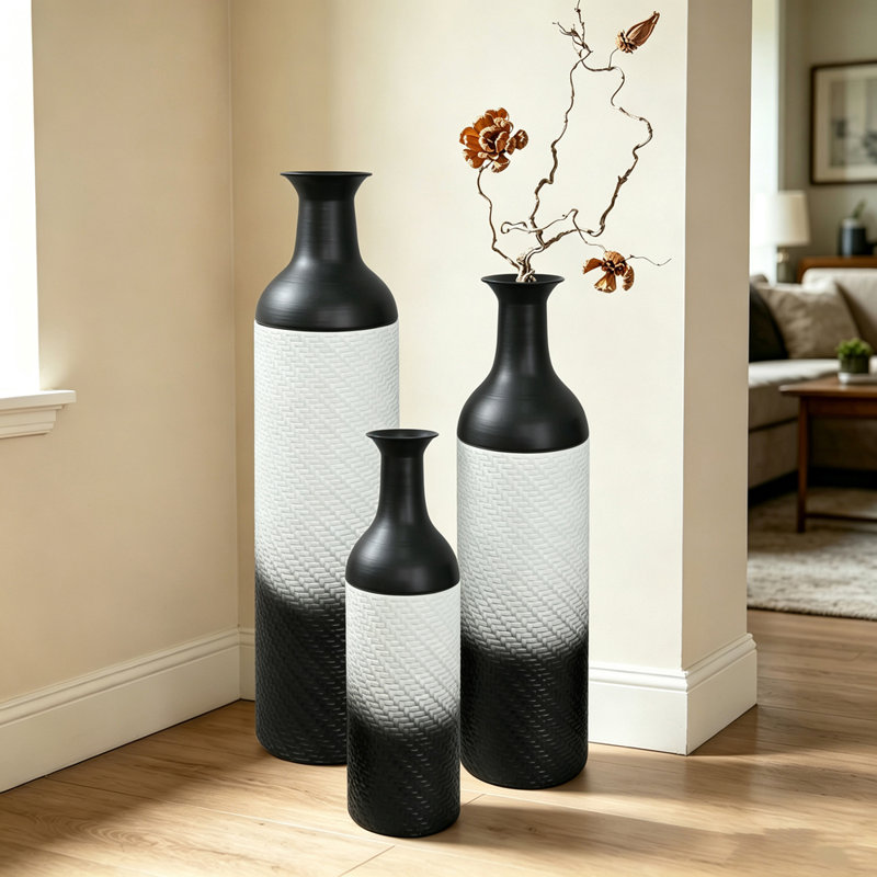 Ensemble de 3 vases décoratifs en métal (motif feuille noire)