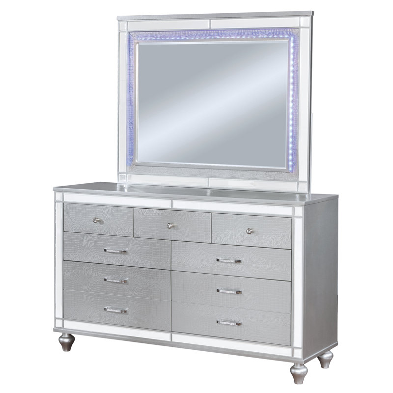 Commode l 9 po avec miroir Meghean, Argent argent