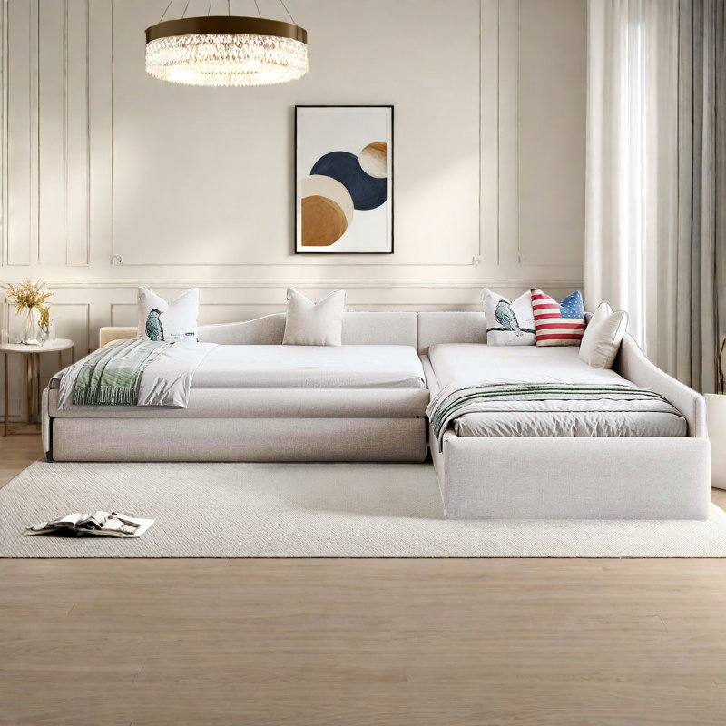 Lit de jour multifonctionnel rembourré avec lit gigogne et un tiroir, Beige