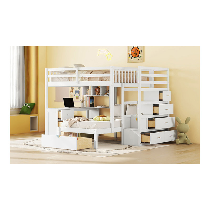 Lit superposé double au-dessus de simple avec bureau, tiroirs et tablettes, blanc