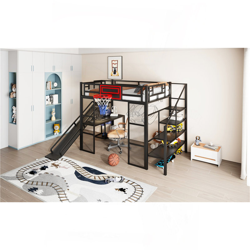 Lit mezzanine double en métal avec bureau intégré, Noir, noir, noir, noir