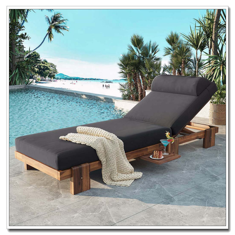 Acacia Wood Chaise Lounge Chair with Adjustable Backrest, Retractable Side Tray, and Headrest, Dark Gray