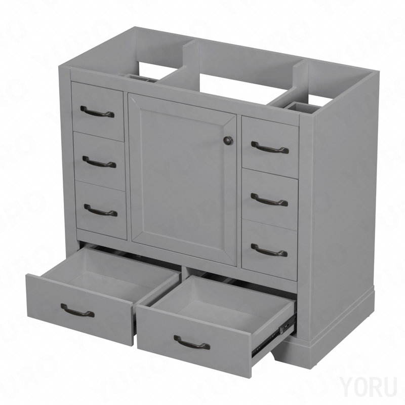 Meuble-lavabo 36 po sans lavabo, base d'armoire seulement, six tiroirs, diviseur de tiroir multifonctionnel, tablette réglable, gris