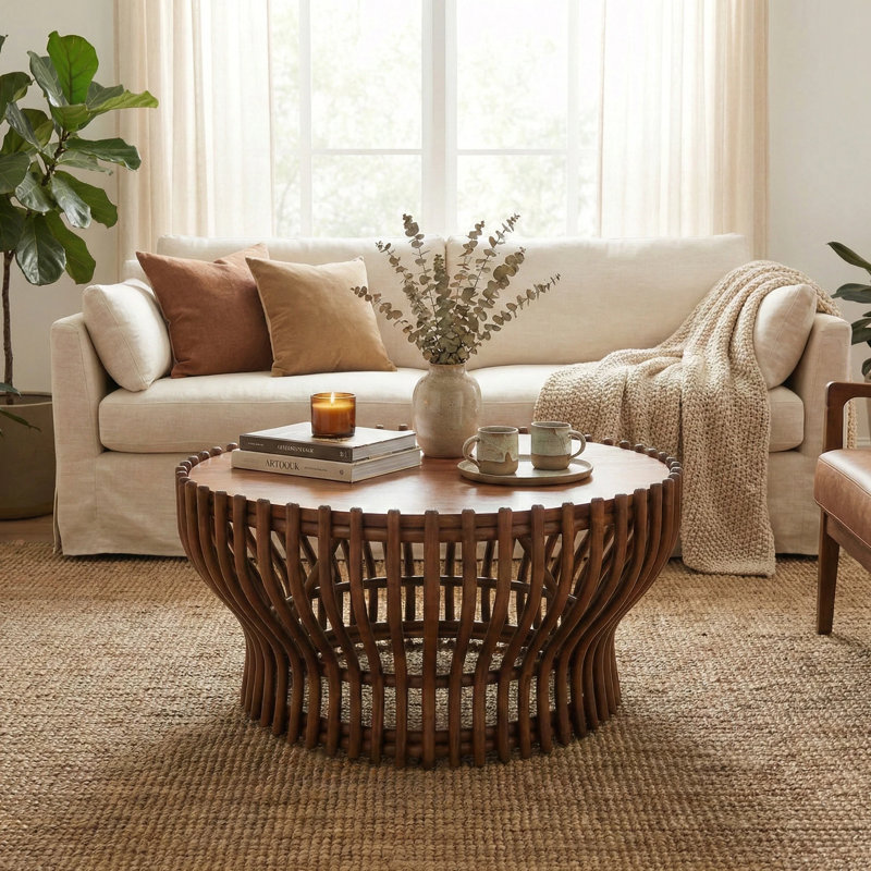Sona Rattan Coffee Table W/ Wood Top, Cane Brown