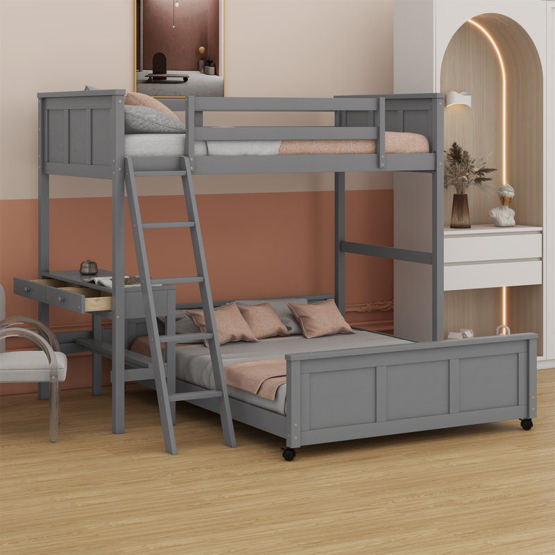 Icaro Bunk Bed with Desk, Gray, Full Over Full