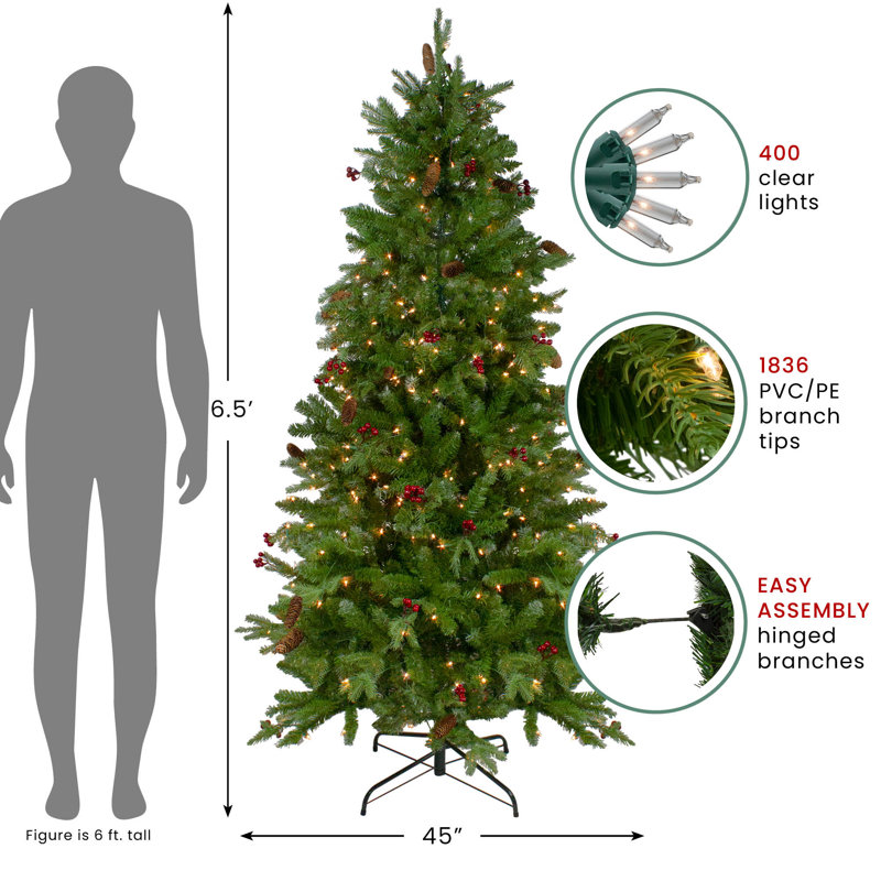 Arbre de Noël artificiel 7,5 pi avec lumières et baies mixtes pré-éclairées, 6.5' H