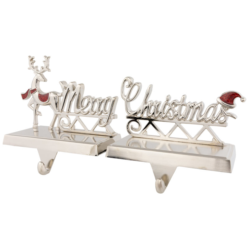 Set of 2 Silver Reindeer Merry Christmas Metal Stocking Holders