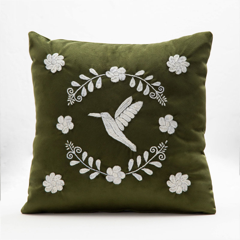 Colibrí Hand Embroidered Decorative Throw Pillows by Andean, In Stock, Olive Green