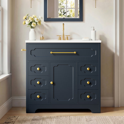 36" Freestanding Bathroom Vanity with Single Ceramic Sink, 6 Drawers & Adjustable Shelf