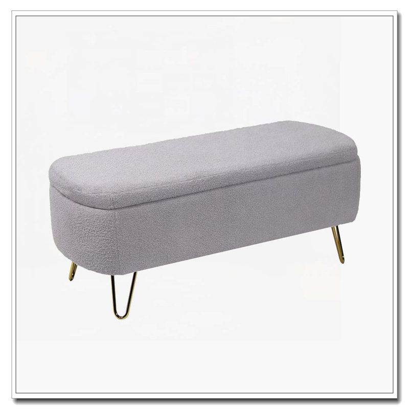 Banc de rangement rabattable en fausse fourrure avec pieds dorés, Gris