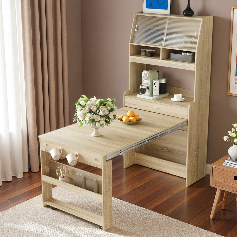 Buffet avec table de salle à manger pliable, armoires, tablette de rangement et crochets latéraux
