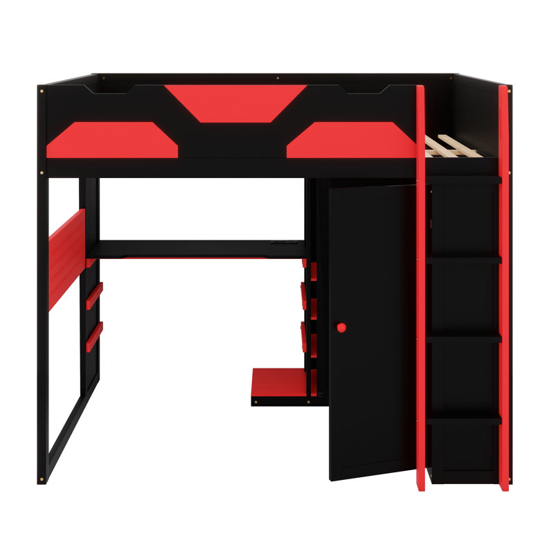 Functional Loft Bed With Study Desk, Multi-Tier Storage, USB Connectivity And Customizable RGB Lights, Red