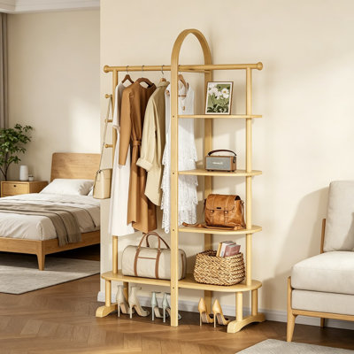Portemanteau autoportant de 41,3 po de largeur 3-en-1, portemanteau en bois d'hévéa massif avec 4 tablettes et 5 crochets, portemanteau d'entrée avec tringle, pour salon de chambre à coucher, finition noyer