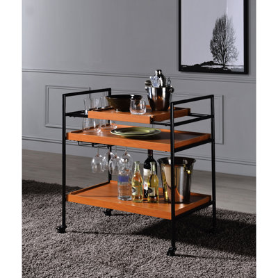 Chariot de service en chêne miel et noir avec tablettes, pièces en bois réglables, 3 compartiments pour bouteilles et ustensiles, mouvement à 4 roues, base en métal, salle à manger