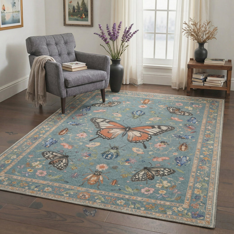 Animal Print Butterfly Machine Washable Dusty Blue/Tan Indoor Area Rug With Non-Slip Backing, Rectangle 6' x 9'