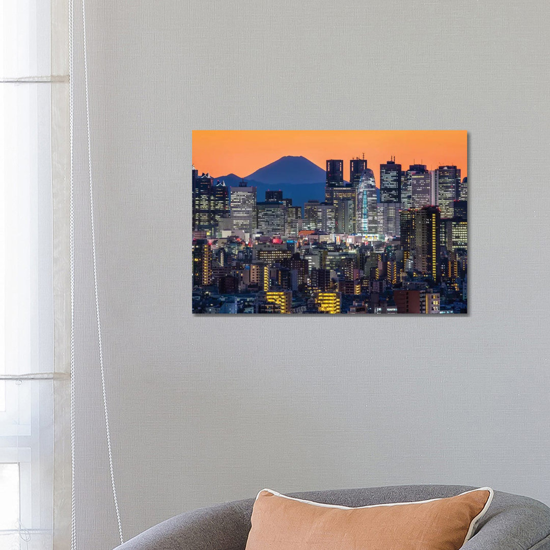 Tokyo Skyline With Mount Fuji At Night by Jan Becke - Wrapped Canvas Print