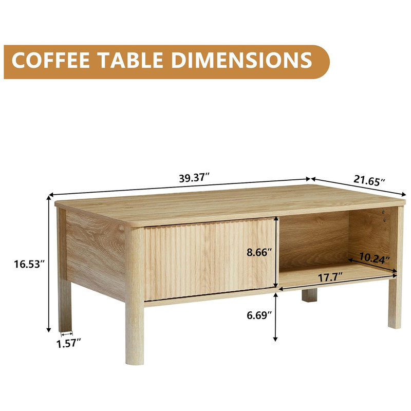 Natural Mid-Century Modern Rectangular Wood Coffee Table with Sliding Door