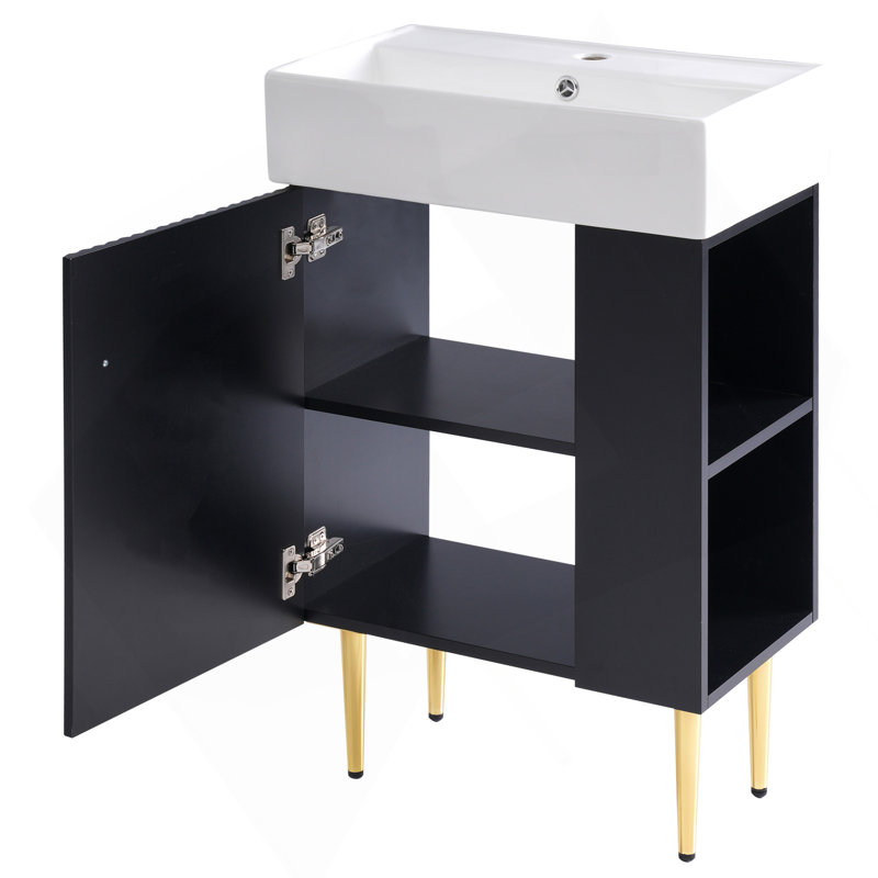 Meuble-lavabo noir 21,6 po, armoire combinée, meuble de rangement pour salle de bain, lavabo simple en céramique, rangement à droite