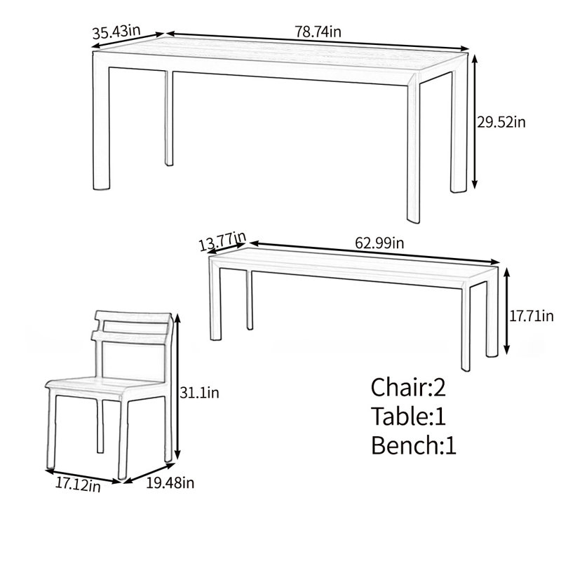 Ensemble de table de salle à manger simple et confortable en bois massif, H 29,52 po x L 78,74 po x l 35,43 po