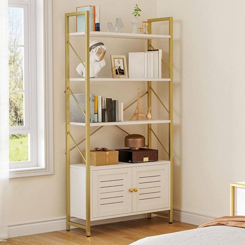 Bibliothèque moderne à 5 niveaux avec armoire de rangement - Blanc et or | Bibliothèque sur pied avec portes | Présentoirs pour la chambre à coucher, le salon et le bureau