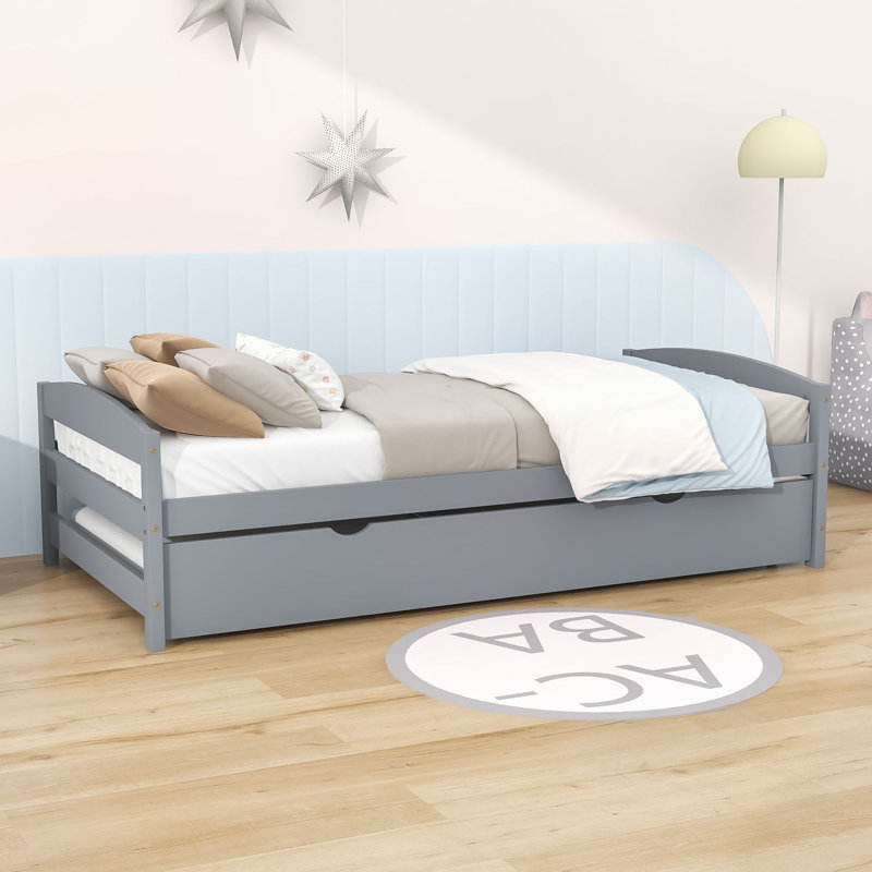 Lit plateforme en bois avec lit gigogne simple Teigan, gris
