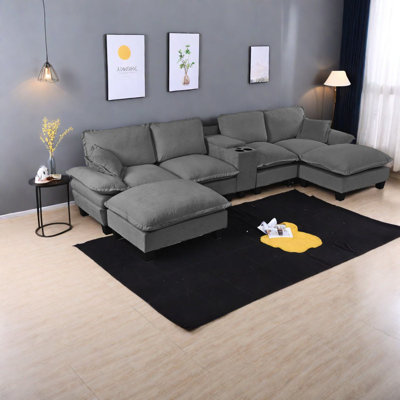 Modern Chenille U-shape Sofa, Grey With Storage & Usb For Apartments
