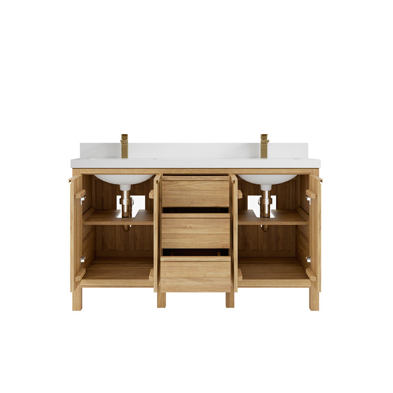 Ensemble de meuble-lavabo double 60 po Teak, Blanc