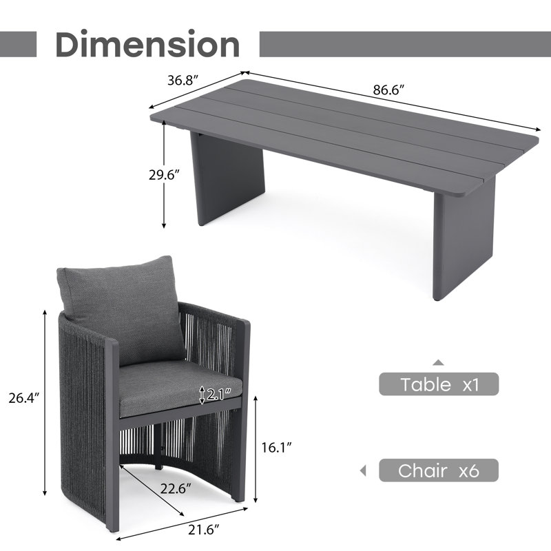 Ensemble repas pour 6 personnes avec 1 table à lattes rectangulaire et 6 fauteuils