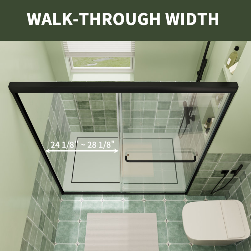 56" - 60" W X 72" H Double Sliding Semi-Frameless Shower Door With 1/4" (6mm) Clear Tempered Glass, Matte Black