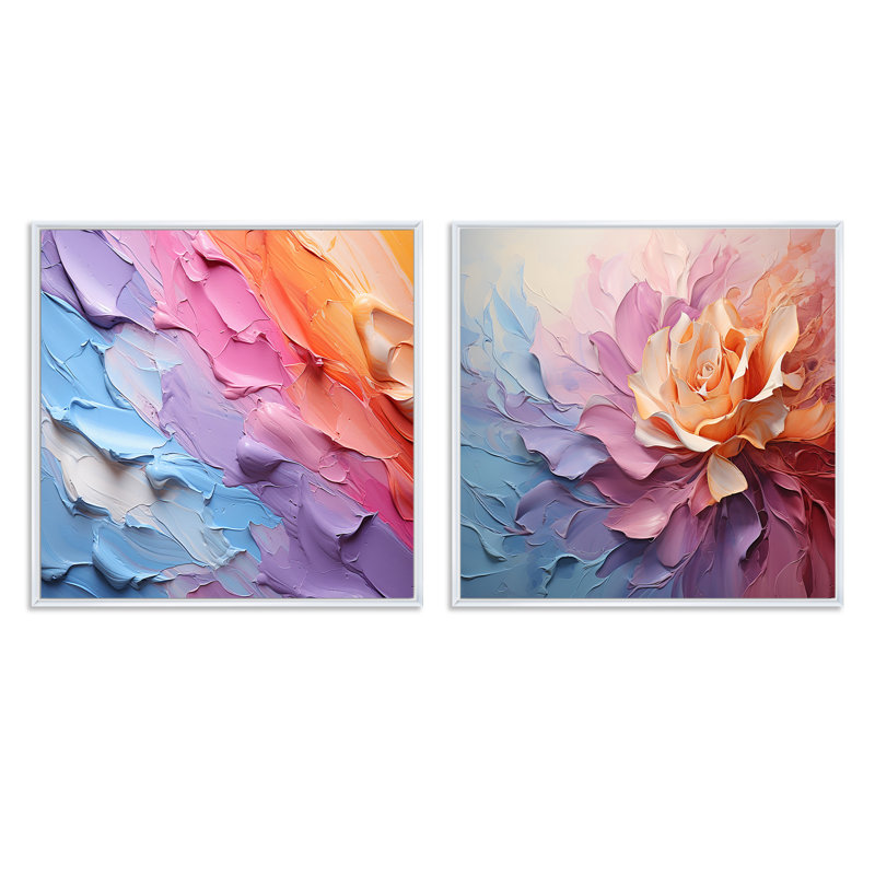 Rainbow Hue Harmony - ensemble de 2 collages abstraits carrés, H 16 po x l 33 po, Cadre flottant blanc