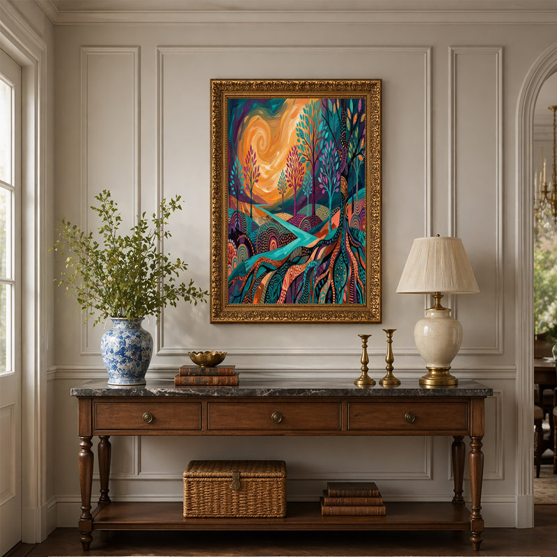 Art mural sur toile bleu sarcelle et arbres mauves sur fond de ciel orange tourbillonnant, H 12 po x l 18 po