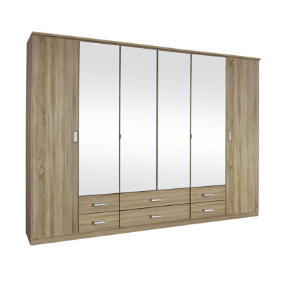 Gandra 6 Hinged Door Wardrobe 271 cm Oak Sonoma 6 Drawer, Mirror INCL. Delivery and Assembly