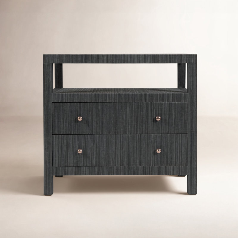 Celine 28 in. W Raffia 2 Drawer Nightstand with Shelf, Charcoal Gray, Charcoal Gray