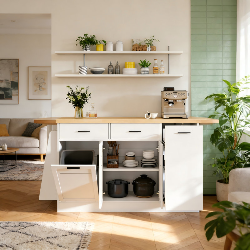 Multi-Functional Storage Sideboard with Hidden Trash Cabinet, Sliding Door Storage, and 3-Tier Spice Rack – Premium Kitchen Island Table for Kitchen, Dining Room, or Entertaining Spaces