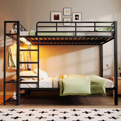 Lit superposé en métal Queen Size avec lumières DEL, étagères de rangement et crochets pour vêtements