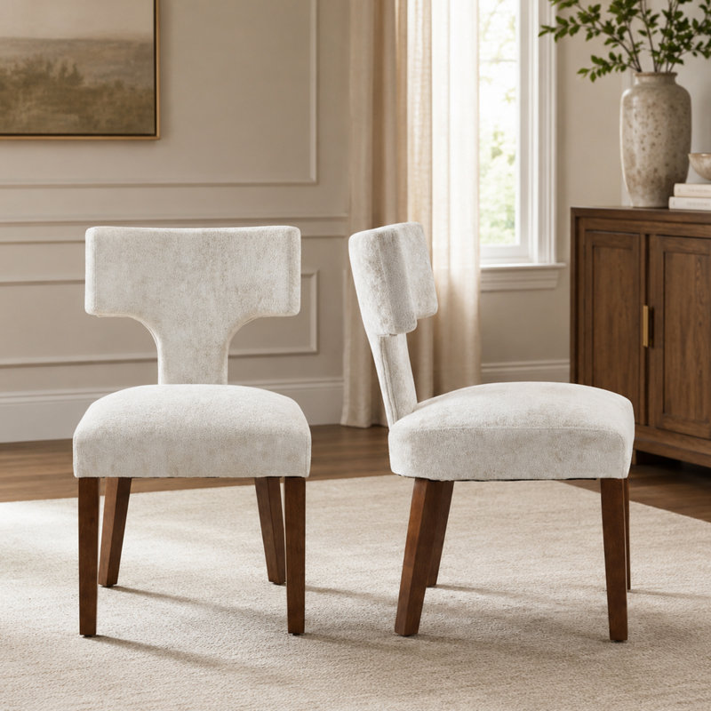 Chaises de salle à manger rembourrées avec structure en bois massif et sièges en chenille, Beige