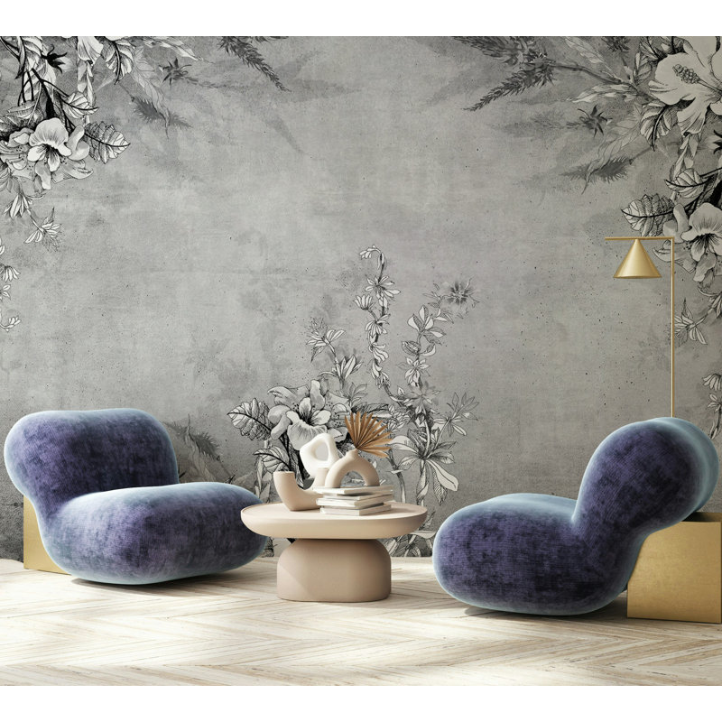 Papier peint floral gris avec aquarelle, L 36,96 po x l 56 po