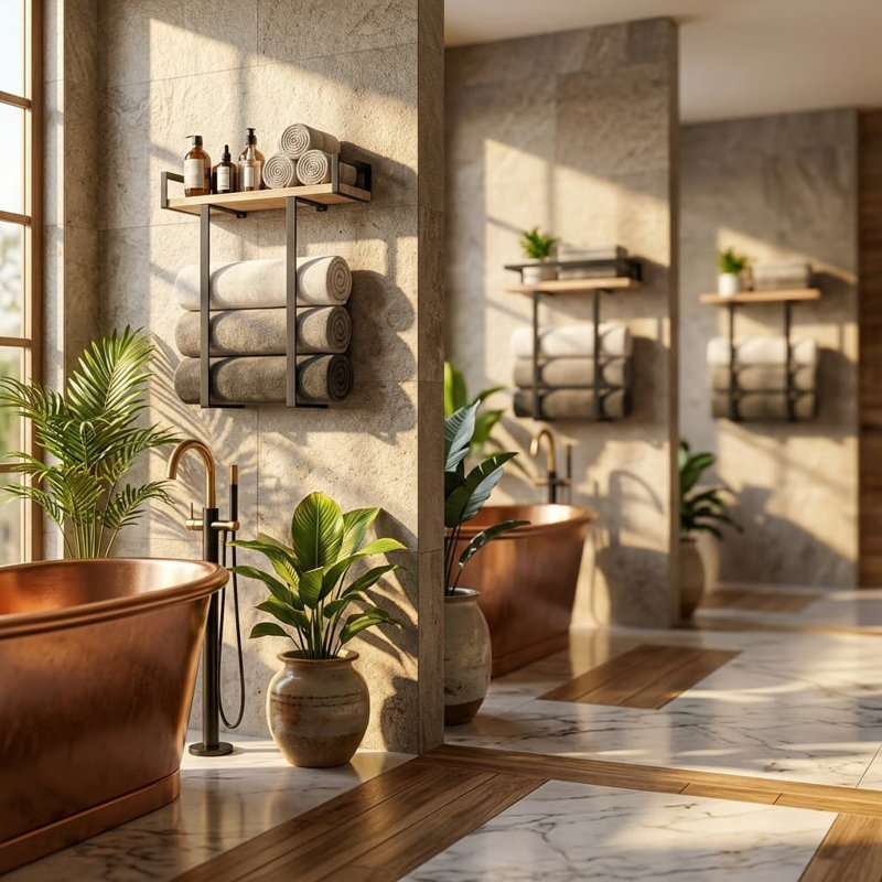 Porte-serviettes mural en métal avec tablette en bois pour grandes serviettes pliées, organisateur de salle de bain pour VR et camping