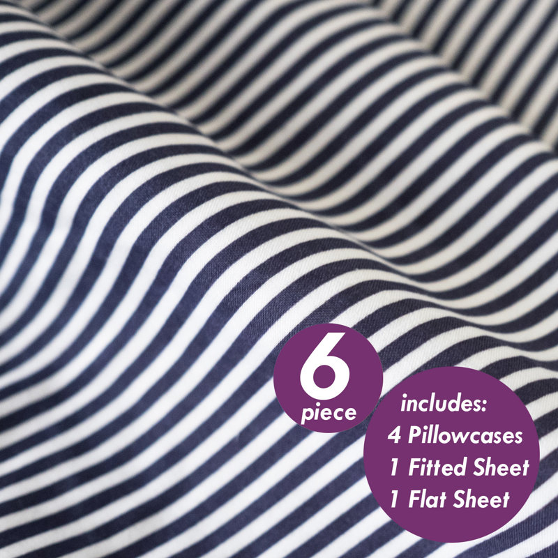6 Piece Loft Classic Stripes Printed Sheet Set, Deluxe Ultra Soft, Double Brushed Microfiber, Full, Navy