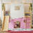 Twin Size House Loft Bed with Sills and Tents, Solid Wood Loft Bed with Ladders and Slide, Chic Design with Lights, No Box Spring Needed, Natural+Pink-1788587916-1788587906