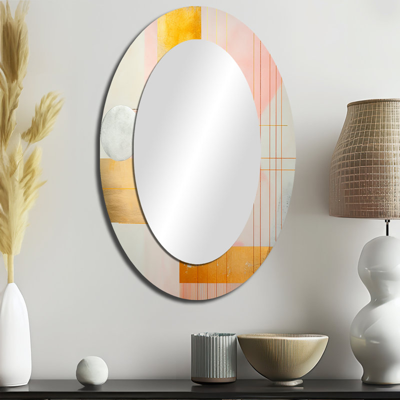 Geometry of Serenity In Pink Vintage Gold I - Gold Modern Oval Wall Mirror, 36" x 24"