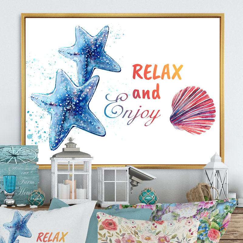 «Relanx And Enjoy Coastal Composition», reproduction sur toile flottante, H 30 po x l 40 po x P 1,5 po, Cadre flottant doré