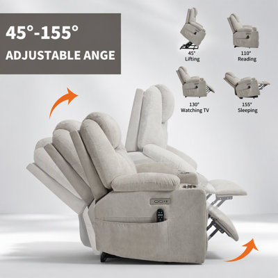 Fauteuil releveur électrique robuste de 159 kg (350 lb) avec massage par vibrations à 8 points, chauffage lombaire, ports USB et Type-C, porte-gobelets en acier inoxydable, beige