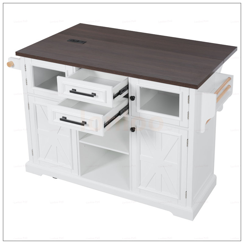 Rustic Rolling Kitchen Island With Drop Leaf, Power Outlet, And Ample Storage For Modern Farmhouse Kitchens, White